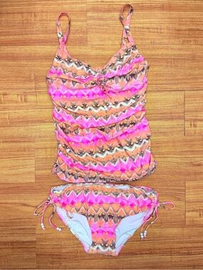 Coco Reef Bra-Sized Underwire Tankini Set Pink Orange Chevron Tie Side Bottoms M